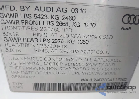 2016 Audi Q5 2.0T Premium z USA, uszkodzony, nr VIN WA1L2AFP2GA117062